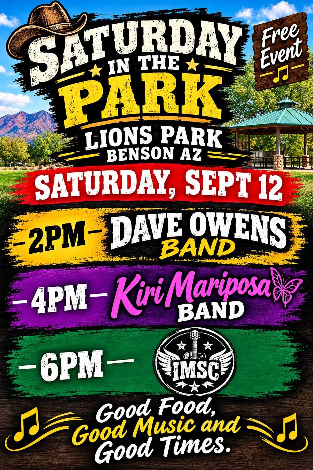 Poster for Saturday in the Park at Lions Park, Benson AZ — Kiri Mariposa Band at 4 PM